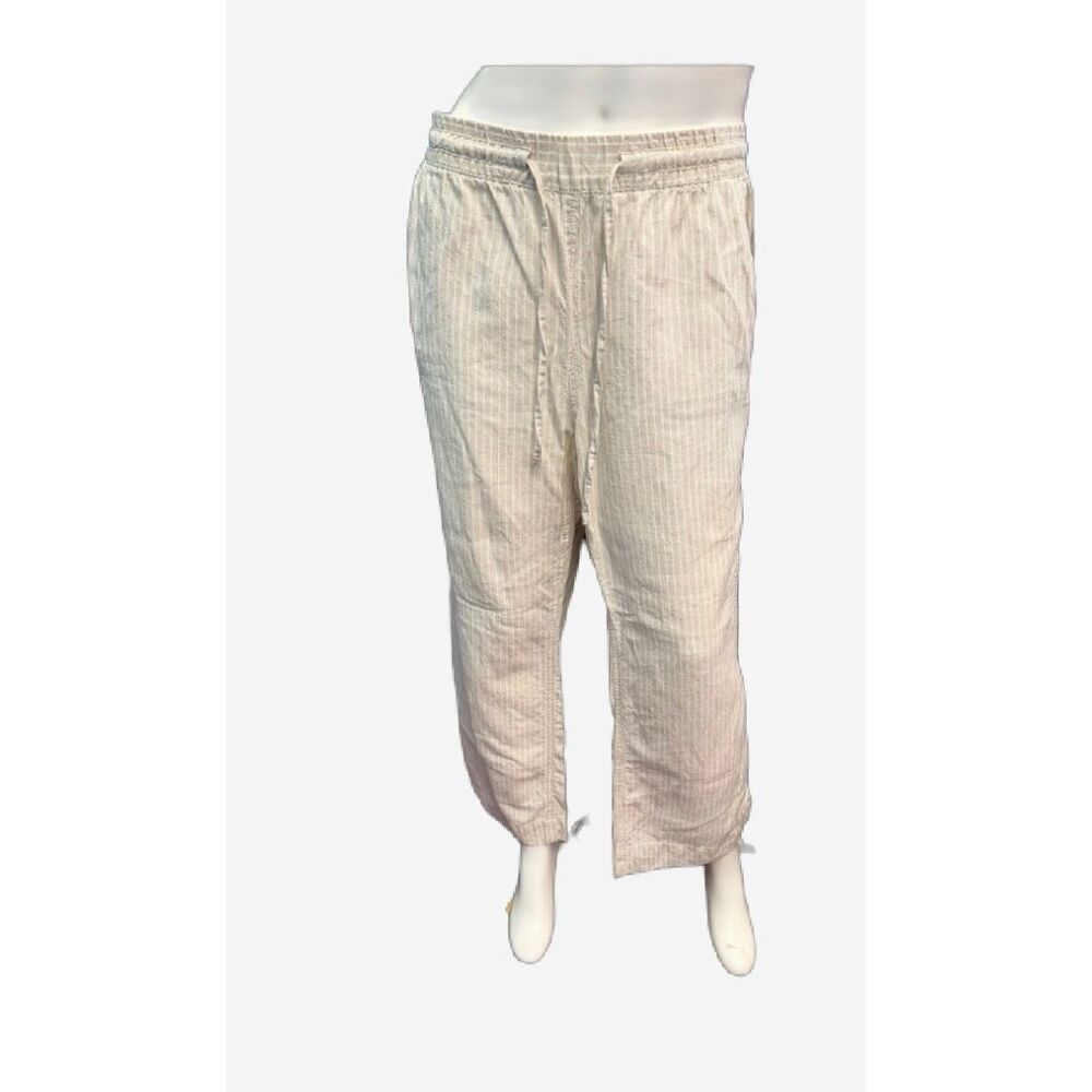 LL Bean Cream & Tan Striped linen Wideleg pants Womens Size 20 petite